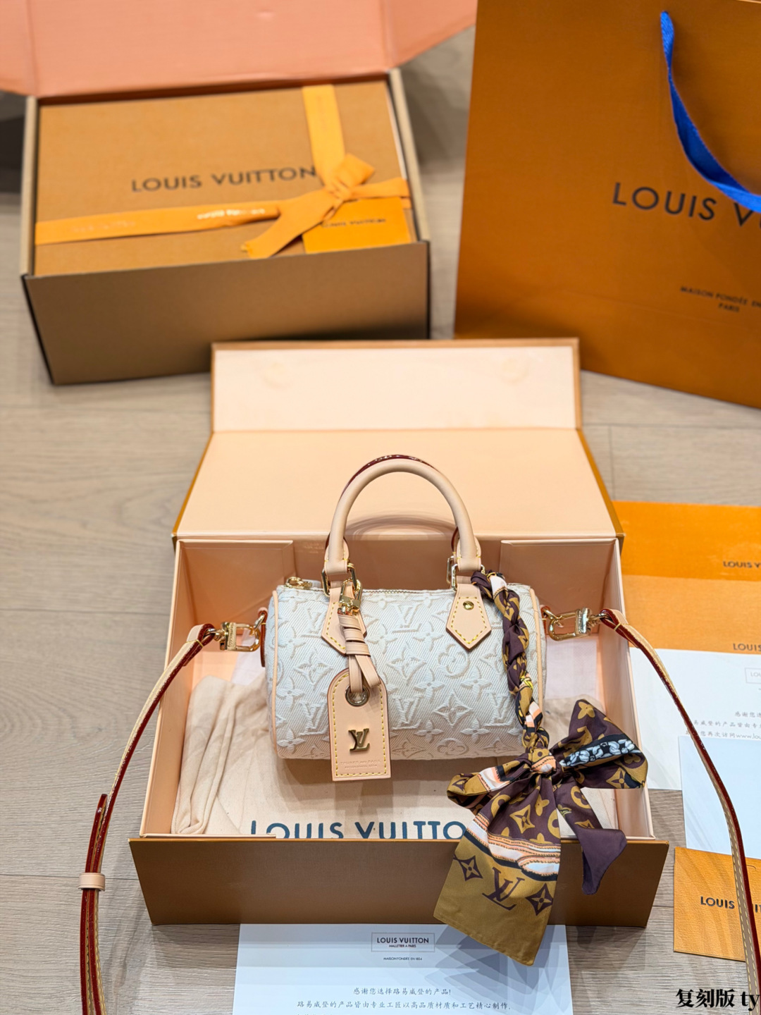 LV Speedy Handbag Monogram Canvas Cowhide Leather Embossed